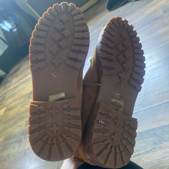 Madewell Boots Lace Up Suede Shearling Winter Combat Chunky Lug Sole Brown Cream - Picture 9 of 11